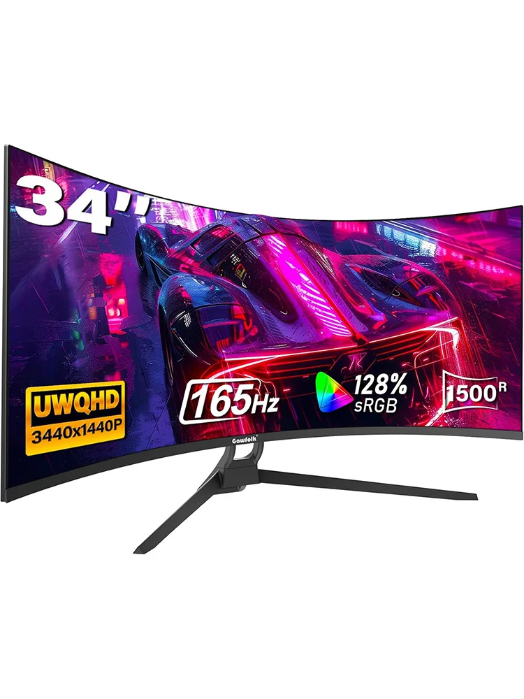 Gawfolk 34 Zoll Ultrawide Curved Gaming Monitor, 1500R Krümmung 165Hz UWQHD, Gebogener Computerbildschirm mit FreeSync