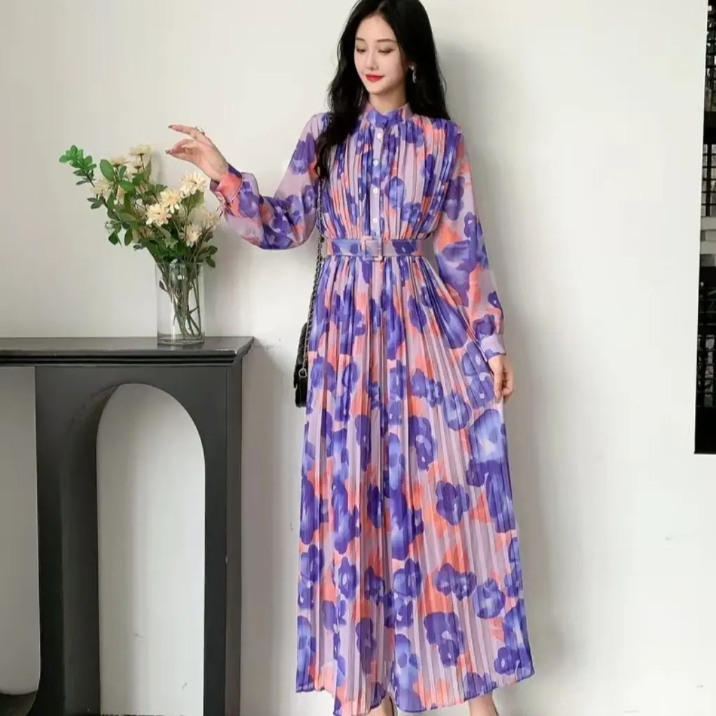 Vestido de gasa ajustado con mangas abullonadas de estilo francés para mujer con estampado floral drapeado plisado para otoño resistente de alta calidad