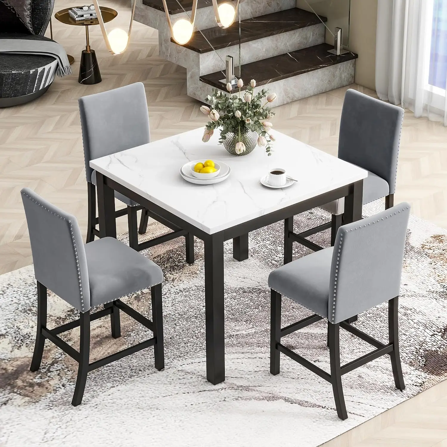 Dining Table Set for 4 Counter Height Dining Table Set with Faux Marble Dining Table and 4 Upholstered-Seat Chairs