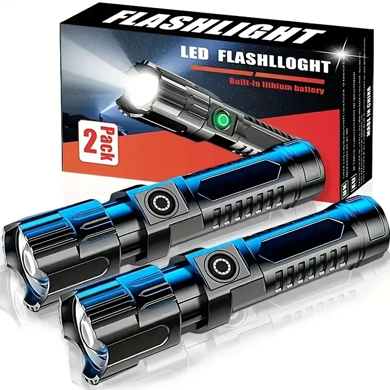 Powerful LED Flashlight Type C Rechargeable Waterproof Torch with Side Light 3 Modes Zoomable Lamp for Camping Fishing Lantern