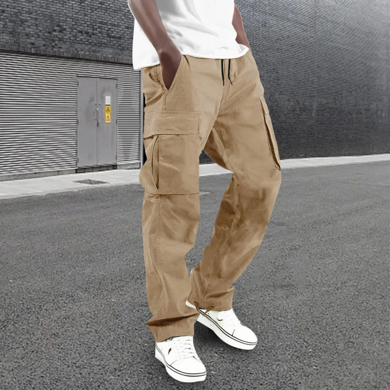 

Cargo Pants Men Multi Pocket Foot Rope Streetwear Hip Hop Pants Solid Color Male Trousers Pantalones Hombre