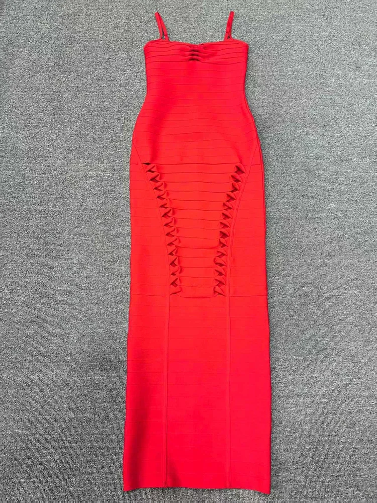 Sexy Spaghetti Hollow Out Ontwerp Bandage Jurk Vrouwen Rode Mouwloze Bodycon Lange Jurken Avondfeest Cocktail