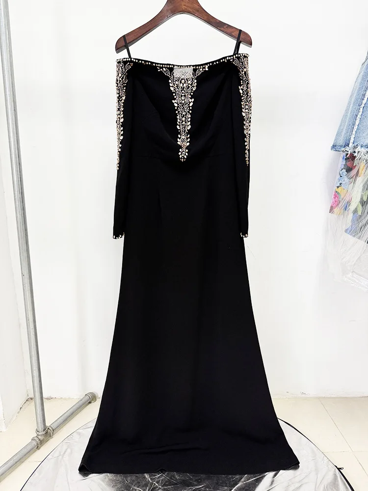 

HIGH STREET Newest 2025 Designer Fashion Women's Spliced Mesh Diamonds Beaded Long Sleeved Spaghetti Strap Long Maxi Dress