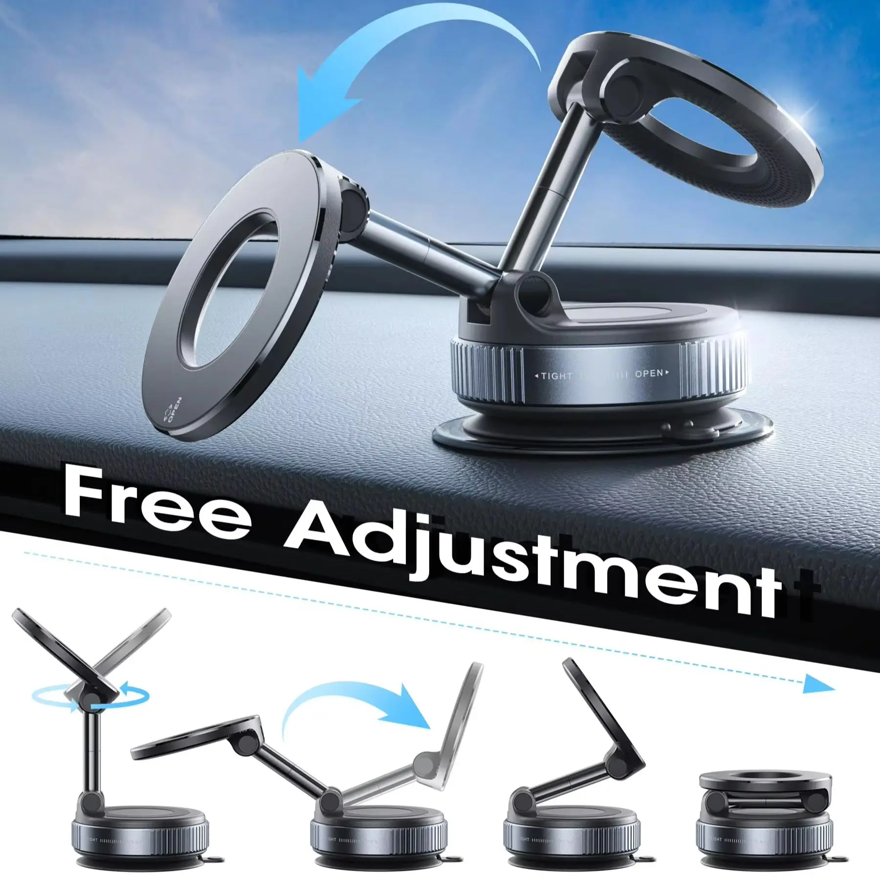 

360° Foldable MagSafe Magnetic Car Phone Holder Aluminum Alloy N52 Double Coil Strong Magnet Dashboard Mount for iPhone Android