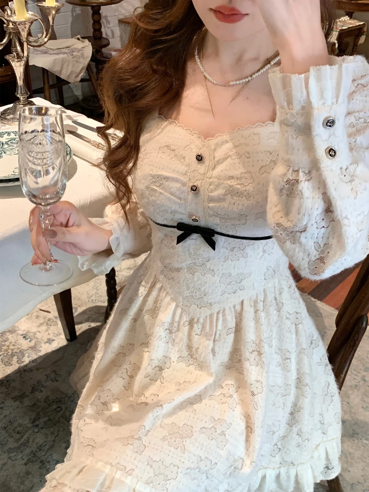 

Elegant Slim Short Party Dress Women Casual Long Sleeve Sweet French Lace Mini Dress 2024 Spring One Piece White Dress Korean