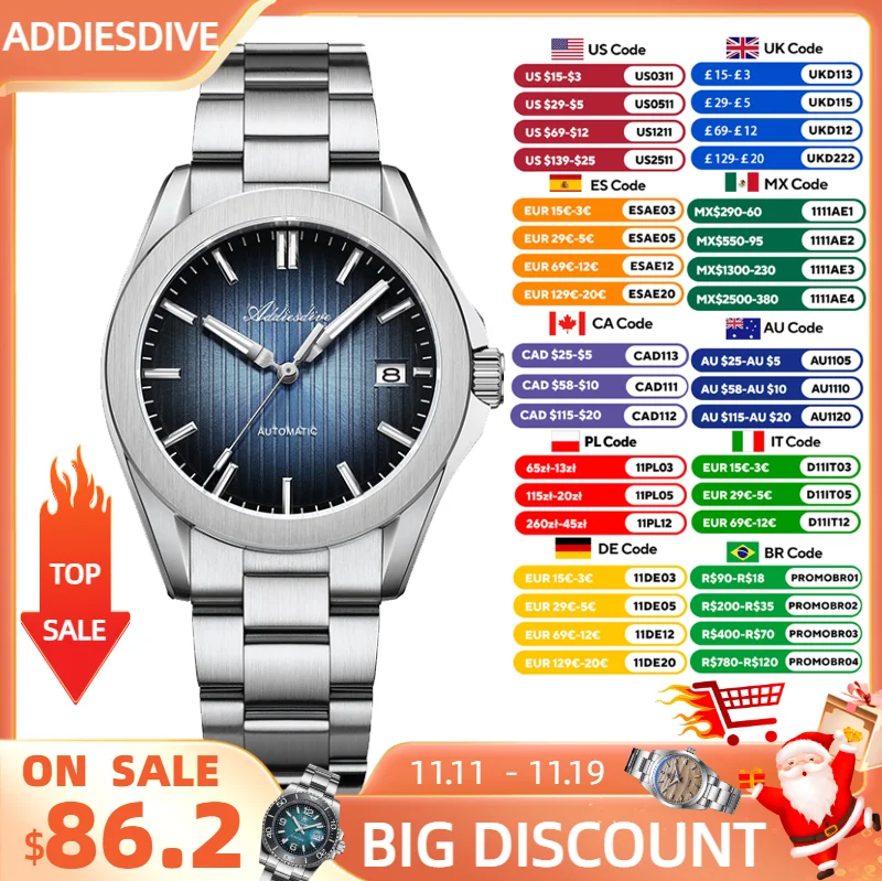 

ADDIESDIVE Automatic Watch for Men New Sapphire Blue Sunburst Waterproof 20Bar Diving Luminous 8215 Mechanical Wristwatch AD2533