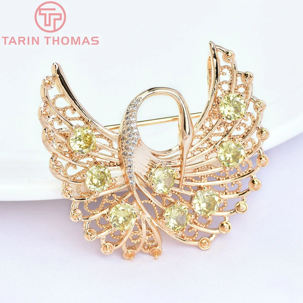 

(5900)1 Piece 47x44MM 24K Gold Color Plated Brass with Zircon Swan Shape Brooch Quality DIY Jewelry Making Findings Accessories