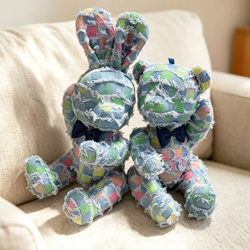 High Quality Jointed Textile Crafts Bear Moveable Arms and Legs Plush Toy Denim Bunny Rabbit Plushie Doll Kids Birthday Gift