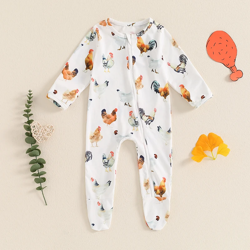 ชุดรอมเปอร์มีซิปสำหรับเด็กผู้ชายชุดจั๊มสูทแขนยาวพิมพ์ลายไก่แบบลำลองสำหรับทารกเด็กวัยหัดเดินชุดฤดูใบไม้ร่วง
