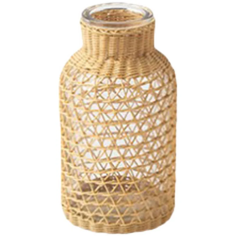 Nordic ins straw woven handmade small fresh glass transparent dining table ornament hydroponics flower arrangement dried flower