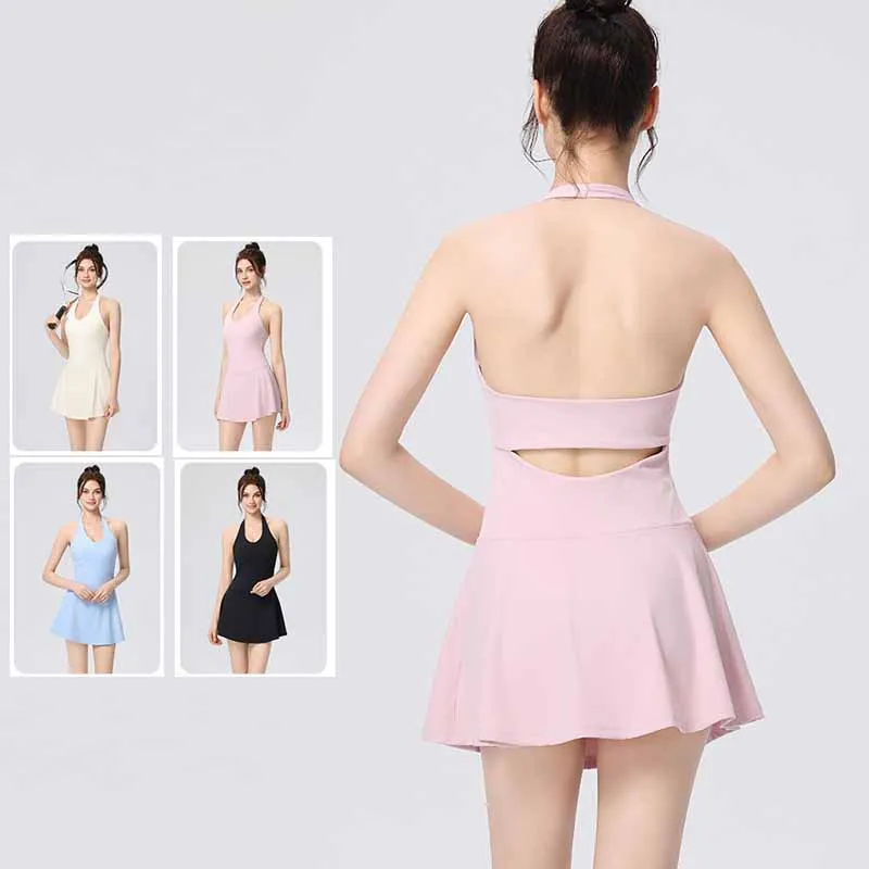 2026 New Women Tennis Dress with Bra and Shorts Ladies Halter V-Neck Sports Yoga Dresses Sexy Backless Slim Skirts Activewear
