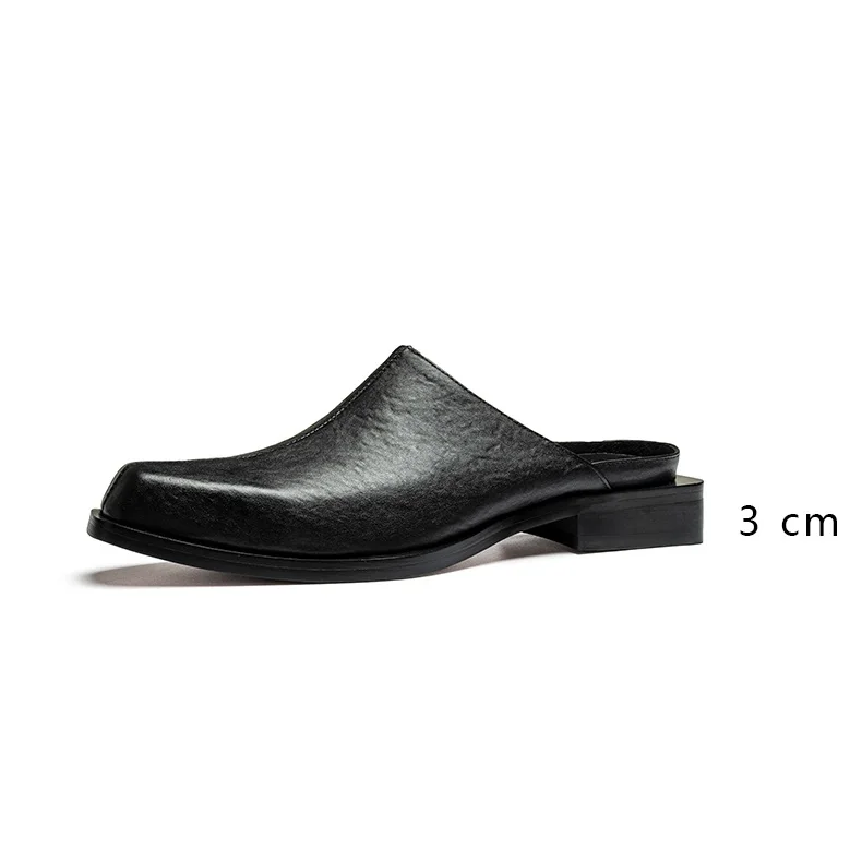 2022 Summer New Square Toe Horse Leather Mules Slippers Men Fashion Casual Outside Slippers Sandals Mens Business Work Slippers