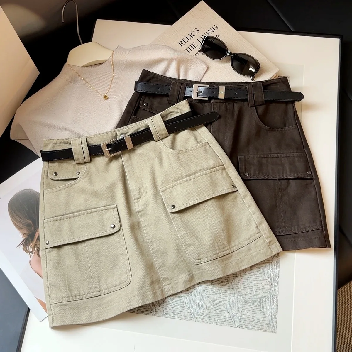 Women's Autumn New Pocket High Waist A Word Anti-light Hip-wrapped Cargo Skirt