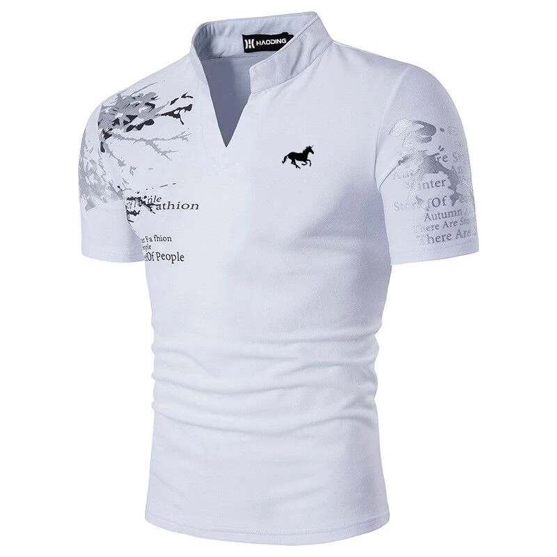 Men Summer Stand Collar Short Sleeve Print T Shirt .