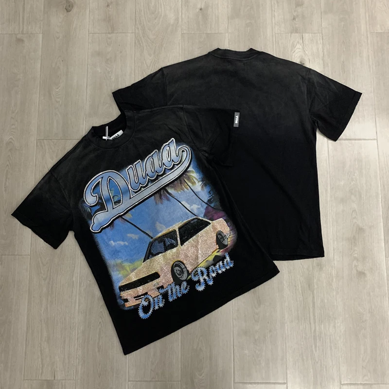 

Футболка с графическим принтом Hole Damaged Duaa Destination Crystal, модная, с вышивкой стразами, унисекс, свободного кроя, с коротким рукавом