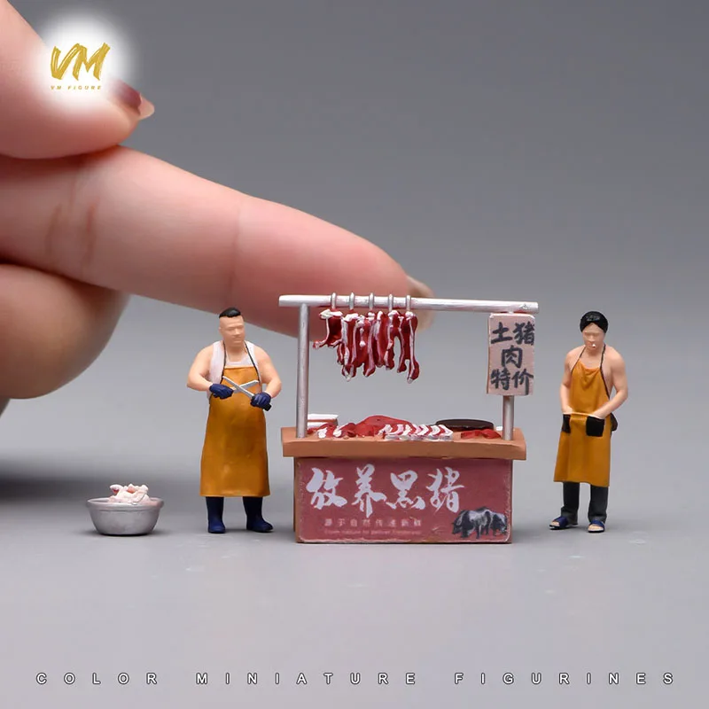 Miniature 1/64 Chinese Market Scene  Vendor Meat Stall Butcher Saleswoman Figures Street Scene Dollhouse Decor Photography Prop