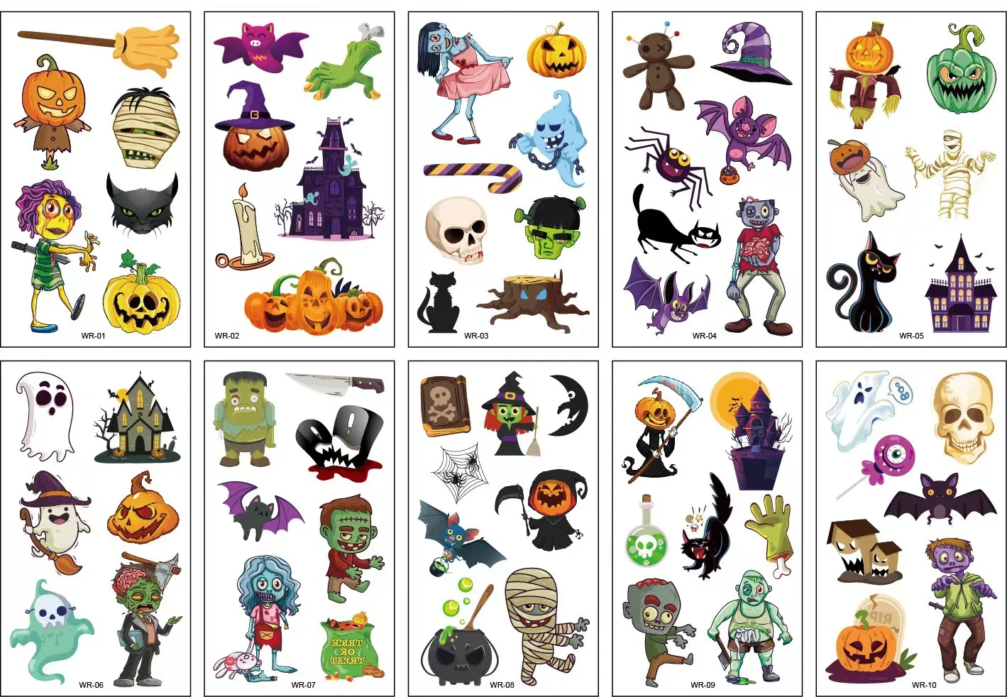 10 Sheets Halloween Pumpkins Zombie Tattoo Sticker Temporary Fake Tattoo Arm Hands Body Waterdichte Tatouages Pour Kids Toy Gift