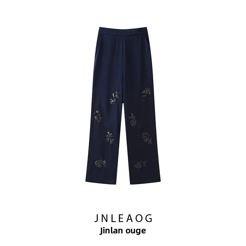 

JNLEAOG Осенние Новые Женские Брюки с Дизайнерским Декором из Бисера, с Эффектом Шелкового Атласа, с Высокой Талией, Широкими Штанинами, в Уличном Стиле, Повседневные