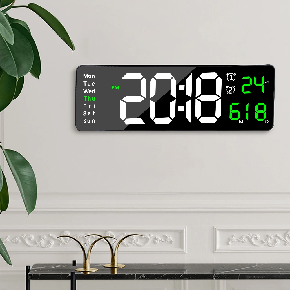 

Dual Alarms LED Clocks Large Digital Wall Clock Wall-mounted Table Clock Temp Date Week Display Power Off Memory Remote Control