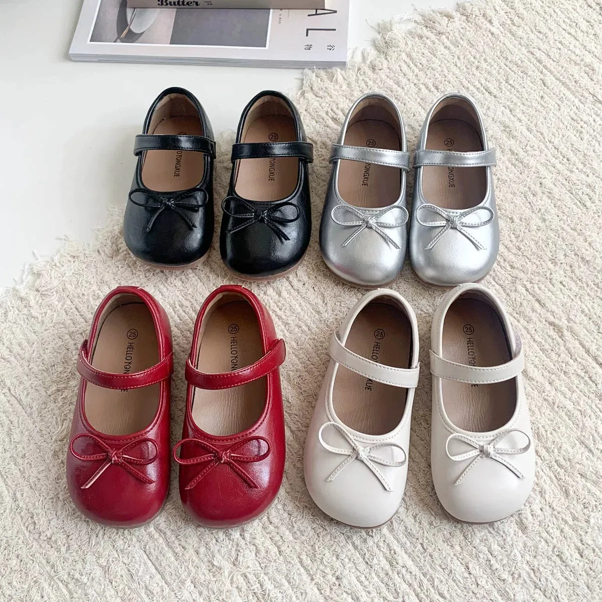 Kids'Casual Sandals PU Leather Spring Solid Color Bow Fashion Breathable Shoes For Girls Anti-slip Silver Black Size 23-33