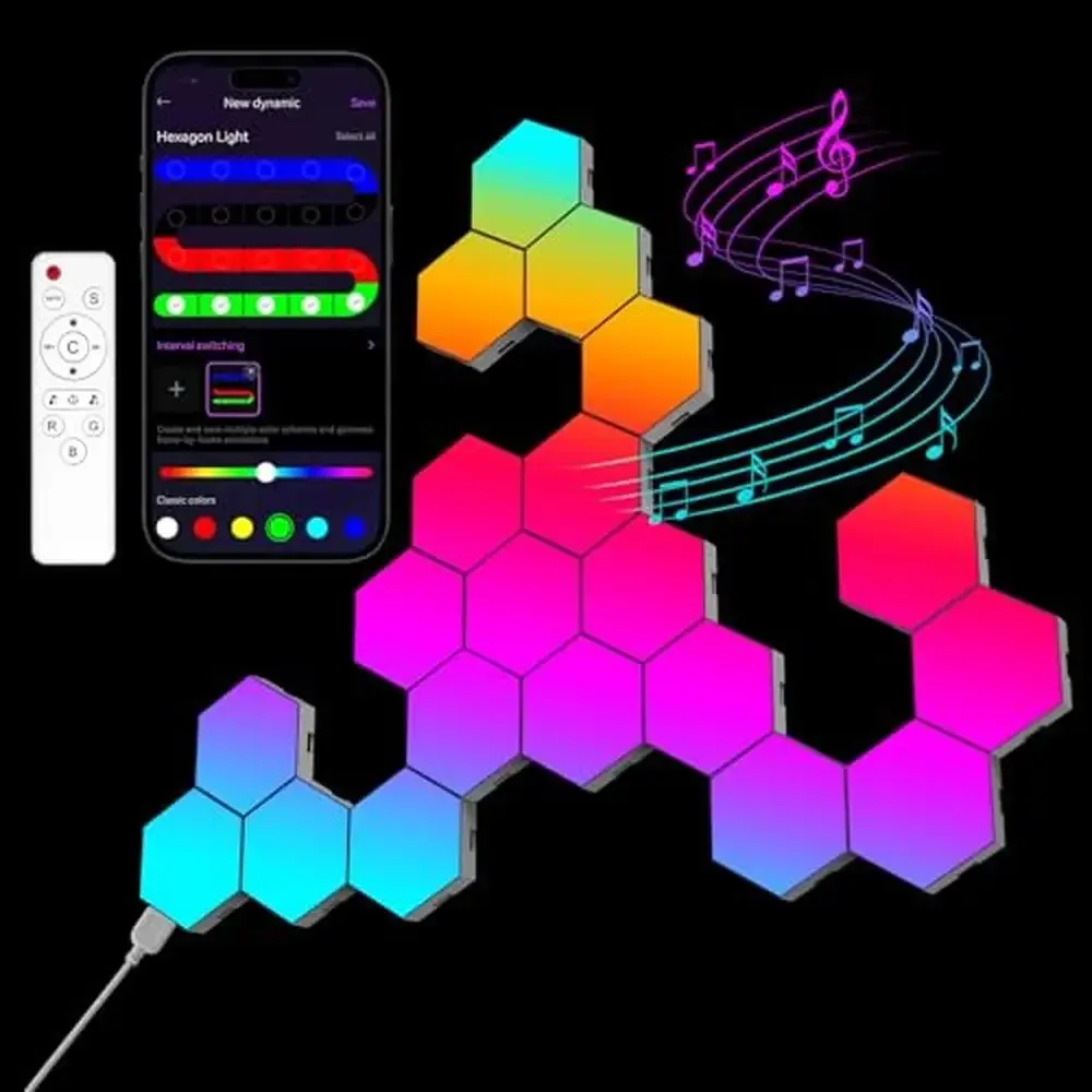 RGB Hexagon Lights Wall Music Sync Gaming Panel Smart APP with Remote Control Modular Honeycomb Shape Panels DIY Multi-scene USB