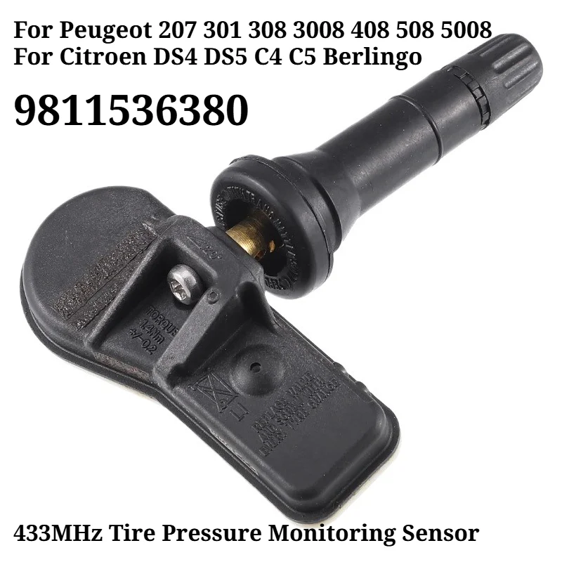 4PCS 9811536380 433MHz TPMS Tire Pressure Monitoring Sensor for Peugeot 207 301 308 3008 408 Citroen Berlingo C4 C5 9802003680
