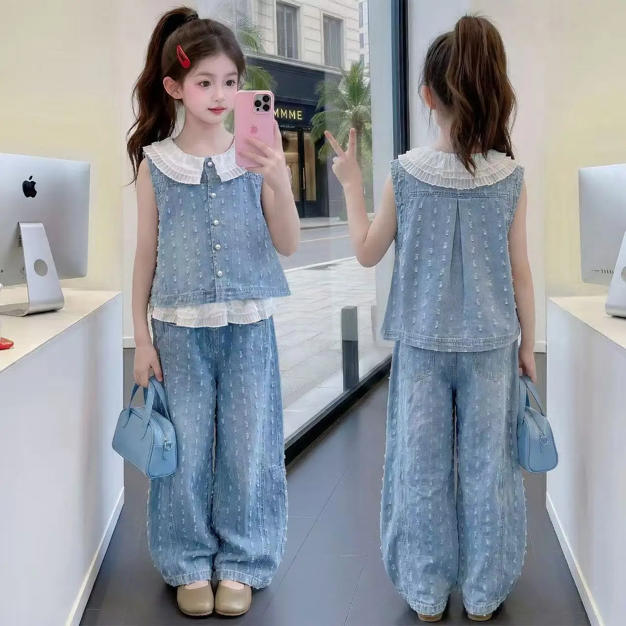 

Girls' Summer Set New Fashionable Children's Lace Sleeveless Lace Denim Vest Wide Leg Pants Two-piece Set