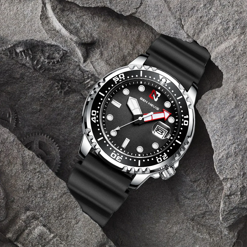 

44mm BEN NEVIS Quartz Watch Quartz Movement Luxury Silicone Strap Black Diving Water Ghost Style Wristwatch