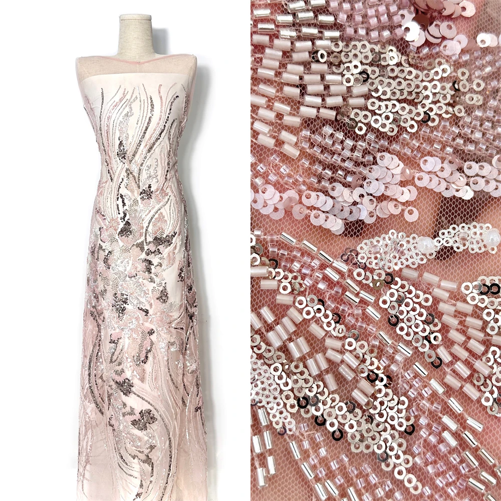 

5Yards African Beaded Lace Fabric French Tulle Lace 2025 High Quality Lace French Sequins Beads Fabric For Women Wedding Dress