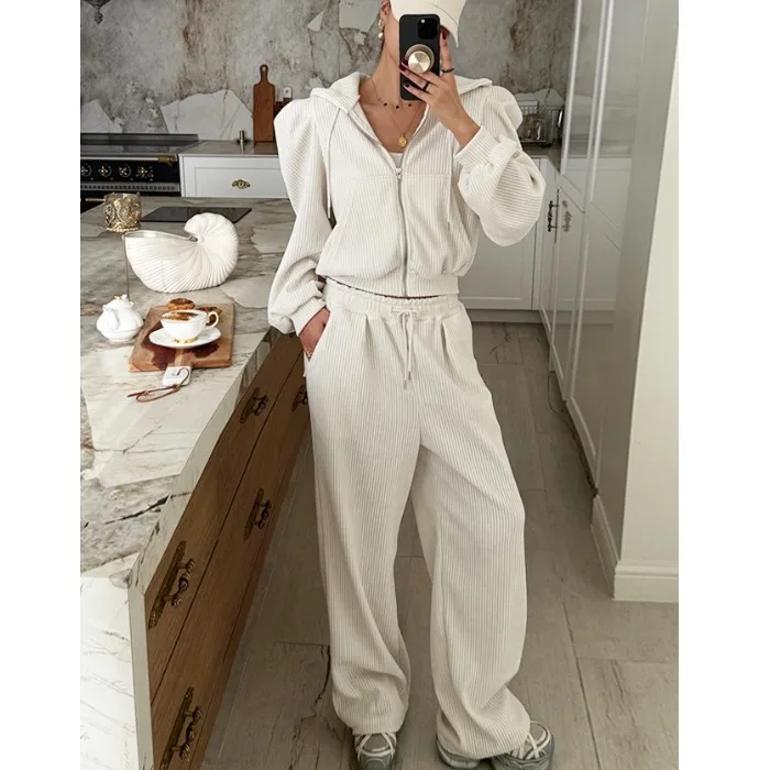 Korean Chic Autumn Winter Loose Casual Corduroy Top Sports Loose Women's Two-Piece Set Long Pants Drawstring Long Sleeve Top
