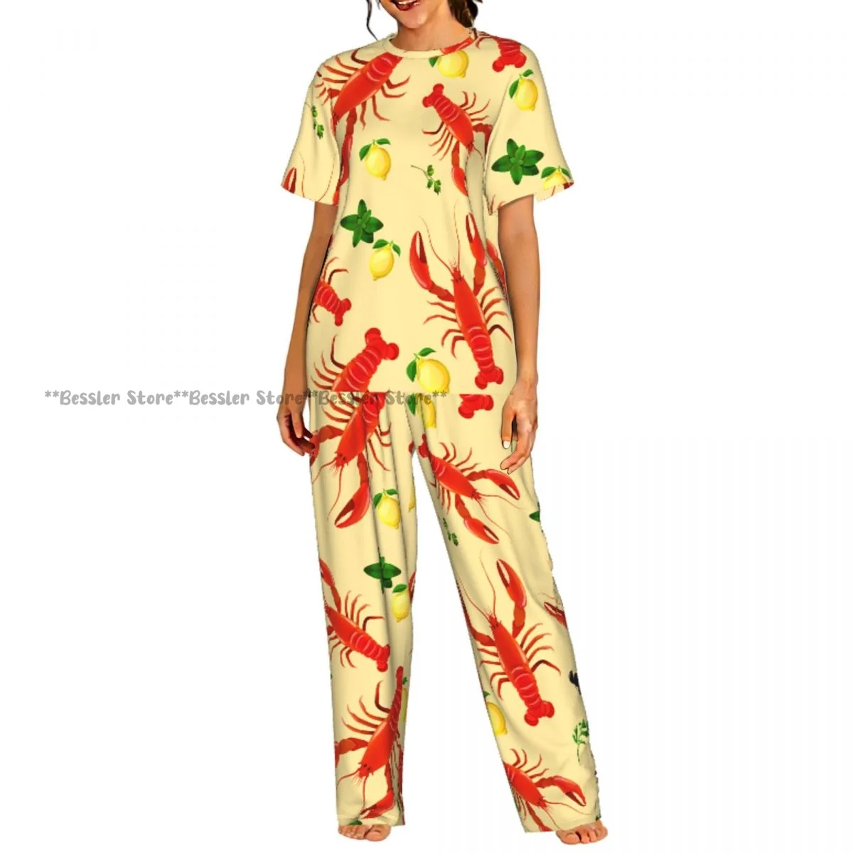 

Women's 2-piece set Lobster Sea Food Lemon Pattern Pajamas Short sleeved Top and Pants Sleepwear