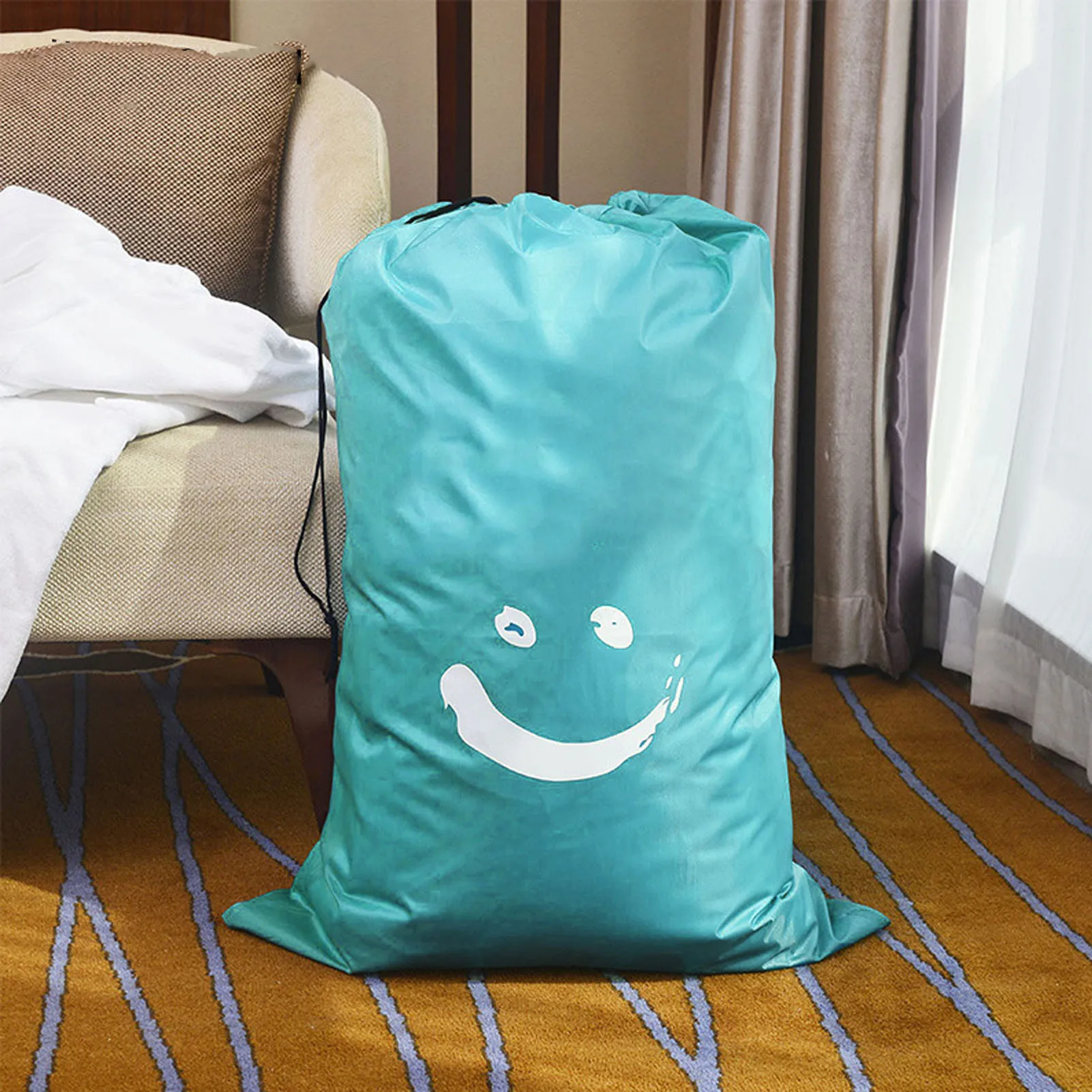 ZK20 Laundry Bag Nylon Drawstring Cylinder for Household Travel Dirty Clothes Quilt Books Storage Blue Smiling Face