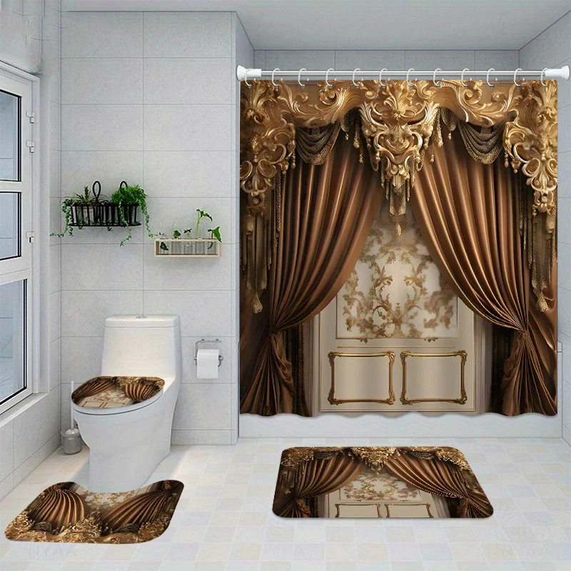 

4 шт., комплекты водонепроницаемых занавесок для домашнего декора с 12 крючками, чехол на сиденье унитаза, коврик для ванной комнаты, нескользящий ковер, полиэстер fa