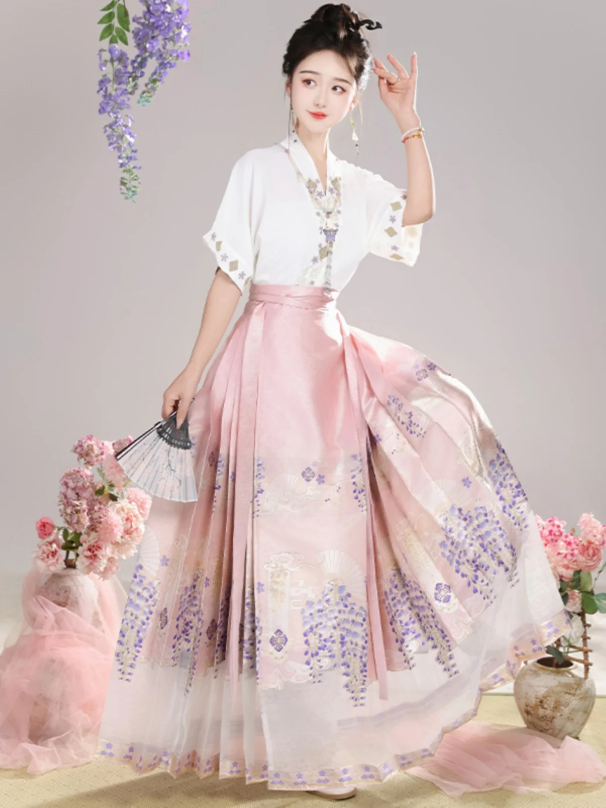 طقم تنورة هانفو الأصلي للنساء باللون الأرجواني بنمط الشرق، تنورة نصفية للخريف والشتاء، تصميم للبالغين، مصنوع من ألياف البوليس...