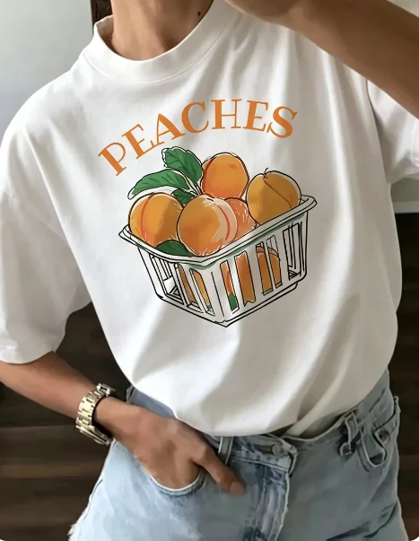 Women's Casual Short Sleeve Crew Neck Vibrant Cartoon Peach Basket Graphic Print Harajuku Sleeve Casual Aesthetic Clothe