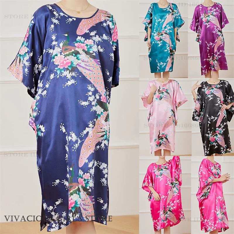 

Размера плюс ночная рубашка, женская летняя ночной халат женская сексуальная ночная рубашка, Шелковый искусственный шелк, свободный банный халат, домашнее платье