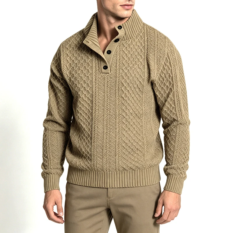 Spring Autumn Men Rhombus Jacquard Knit Henley Shirt Stand Collar Button Neck Long Sleeve Soft Casual Daily Outdoor Pullover Top