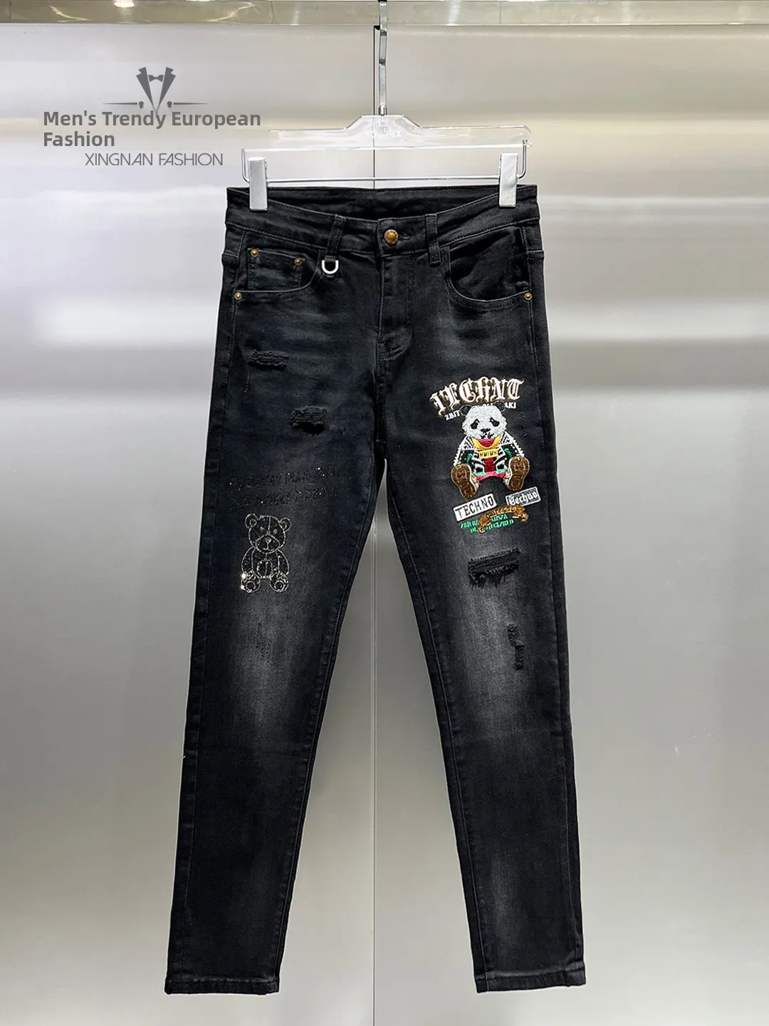 

Men's Thiened Denim Pants Winter Faionable Stitching Hole Slim Fit Small Footed Pants Casual Sle Anti-static Easy Care