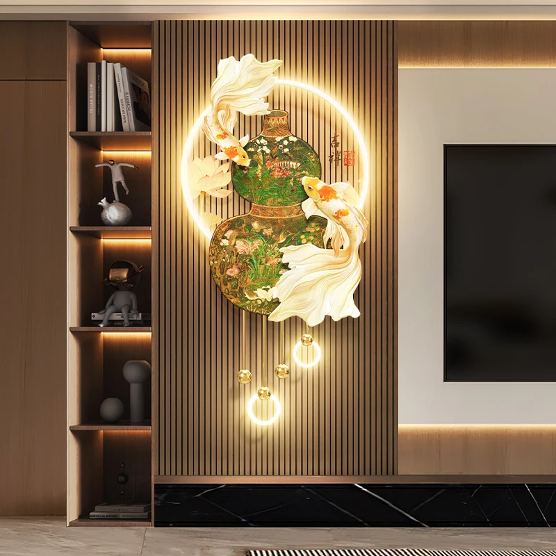 

Retro gourd living room TV grille LED light pendant with light French Chinese style koi porch background wall