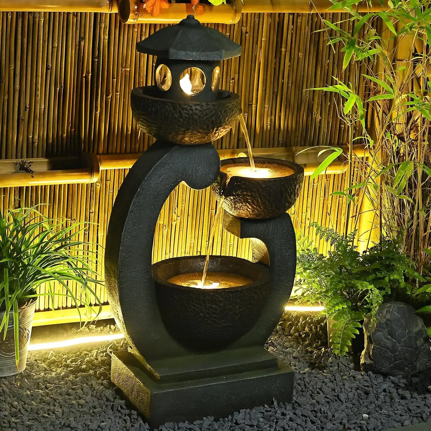 Water Fountain Outdoor Zen Feature - Garden Tranquil Pagoda Waterfalls Fountains Bowl with LED Lights & Pump for Patio Yard Porc