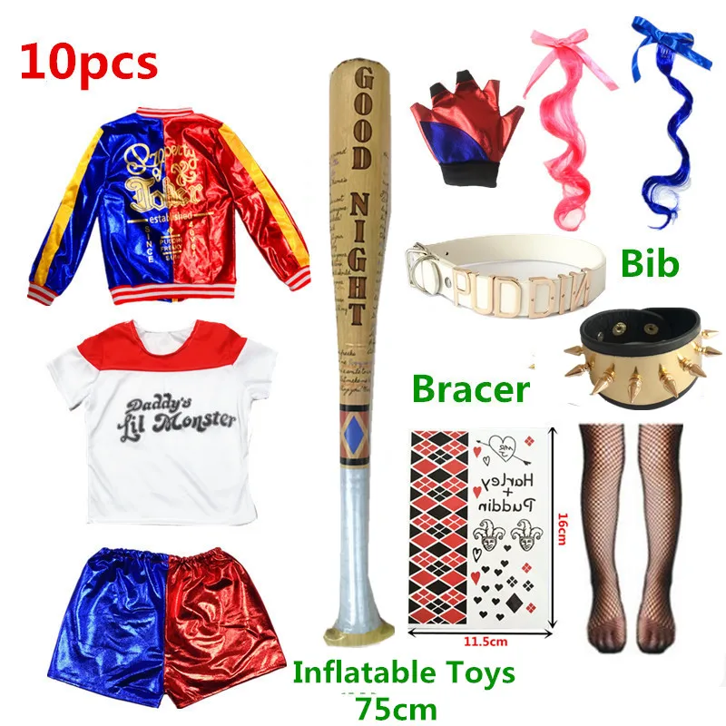 Children\'s Day Kids Girls Suicide Harley Cosplay Costumes Squad Quinn Monster Jacket fishnet stockings tattoo stickers Pants Set