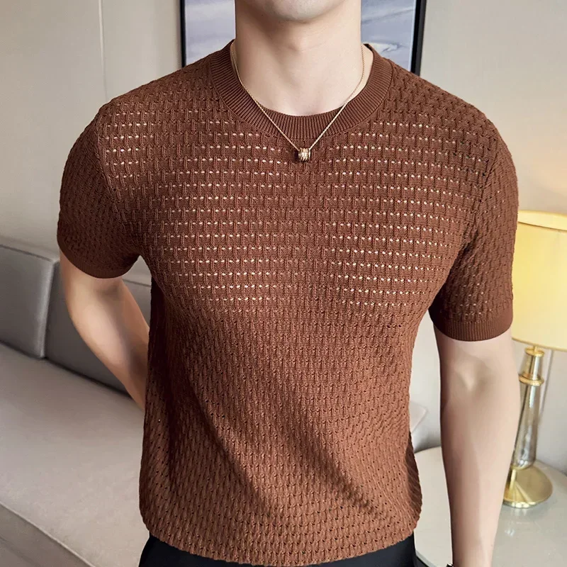 Men T-shirt 2024 Summer New Thin Ice Silk Knitted Hollow Out Round Neck Short Sleeve Elastic Slim Fit T-shirt Men Clothing Top