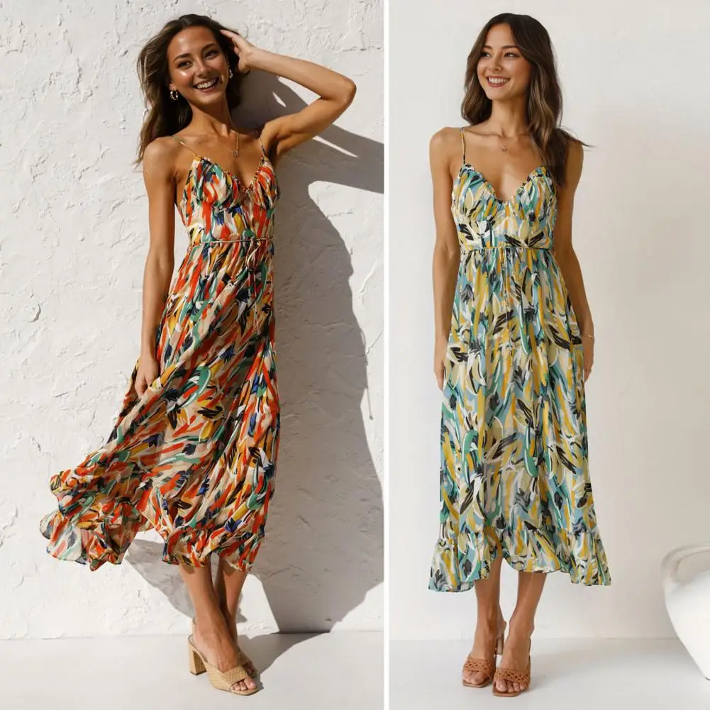 

Women Slip Dress Colorful Print V Neck Beach Dress with Back Zipper Spaghetti Straps Vacation Sundress for Summer Holiday Women