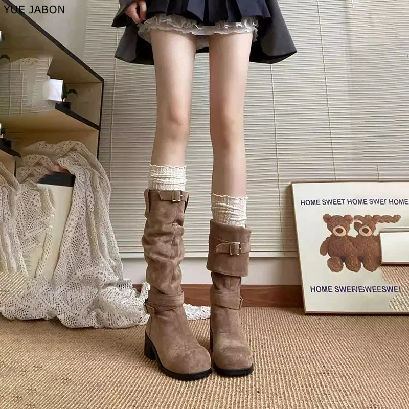 

Platform Thick Heel Women Western Cowboy Boots Fashion Slip On Folded Pile Buckle Long Booties Female Shoes Autumn Winter