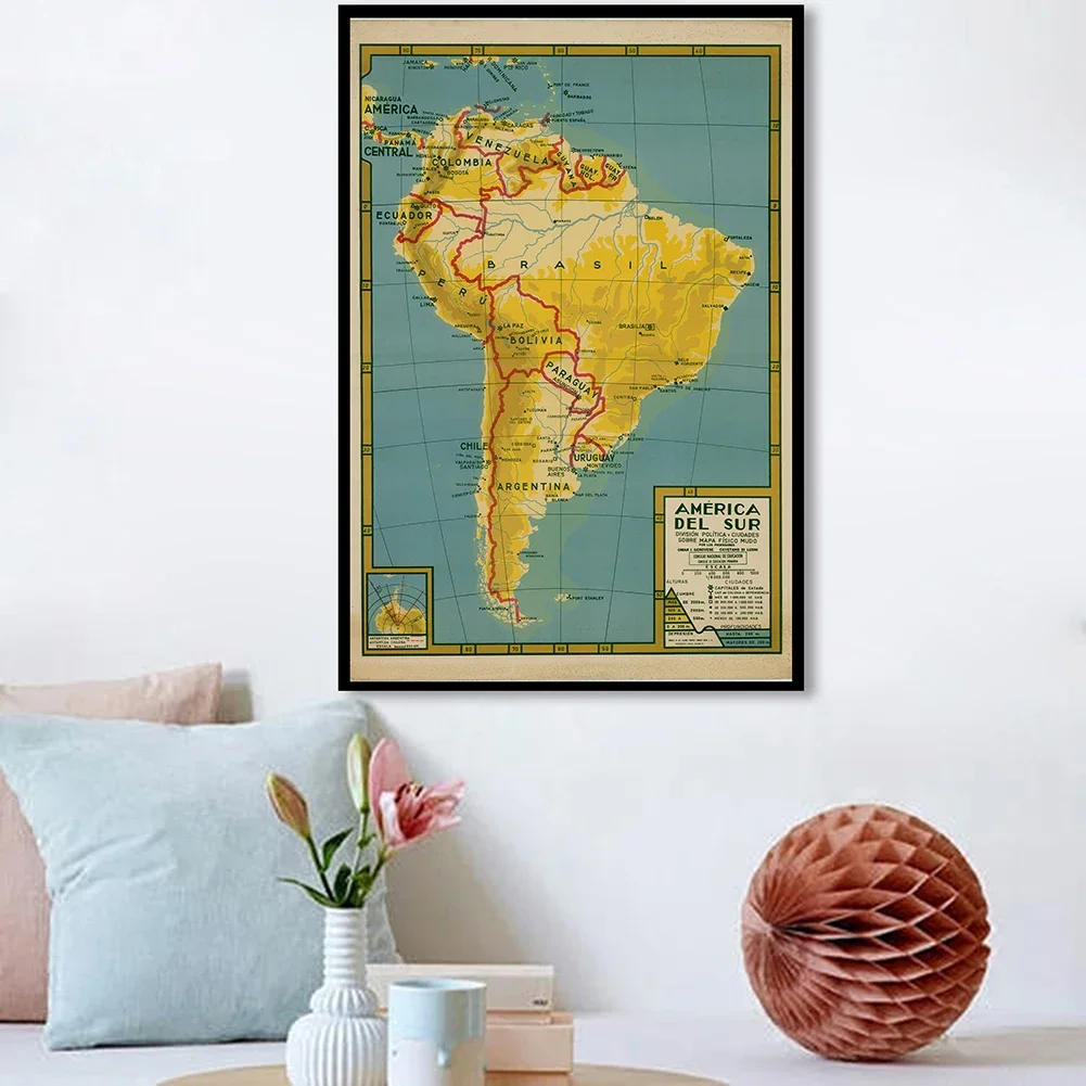 59*84cm Political Map of The South America Retro Canvas Painting Wall Art Poster Unframed Prints Home Decor Kids School Supplies
