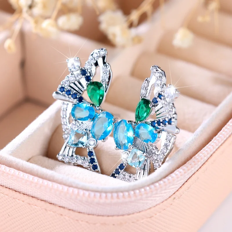 2026 New Blue-green Zircon Earrings with Light Luxury and Niche Design, Contrasting Colors and Elegant Jewelry Accessories