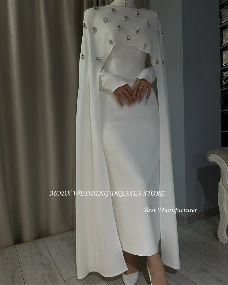 MODX White Elegant Evening Dresses With Coat Long Cape Sleeves Crystal Prom Gowns Formal Occasion Party Dress Outfit 2025