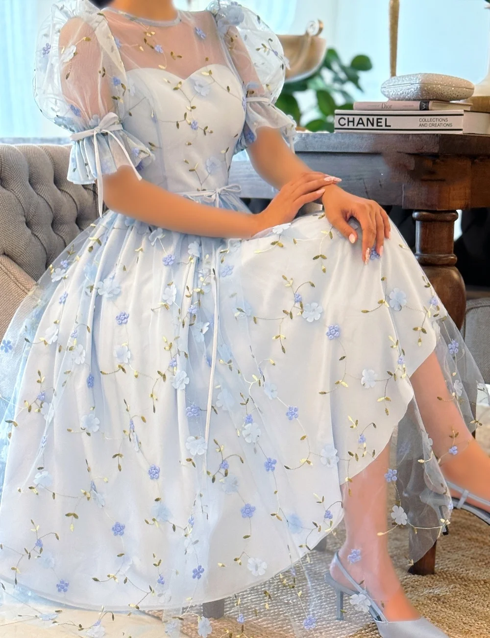 Customized Sky Blue Matching Exquisite Tulle Lace Flower Bow A-line High Collar Tea Length Evening Dresses For Birthday Party