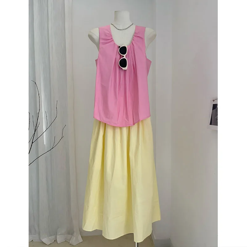 

Women Girlish Feeling Pink Sling Vest Yellow A-word Half Length Skirt 2024 Summer Fashion New Dopamine Contrasting Colors Suit