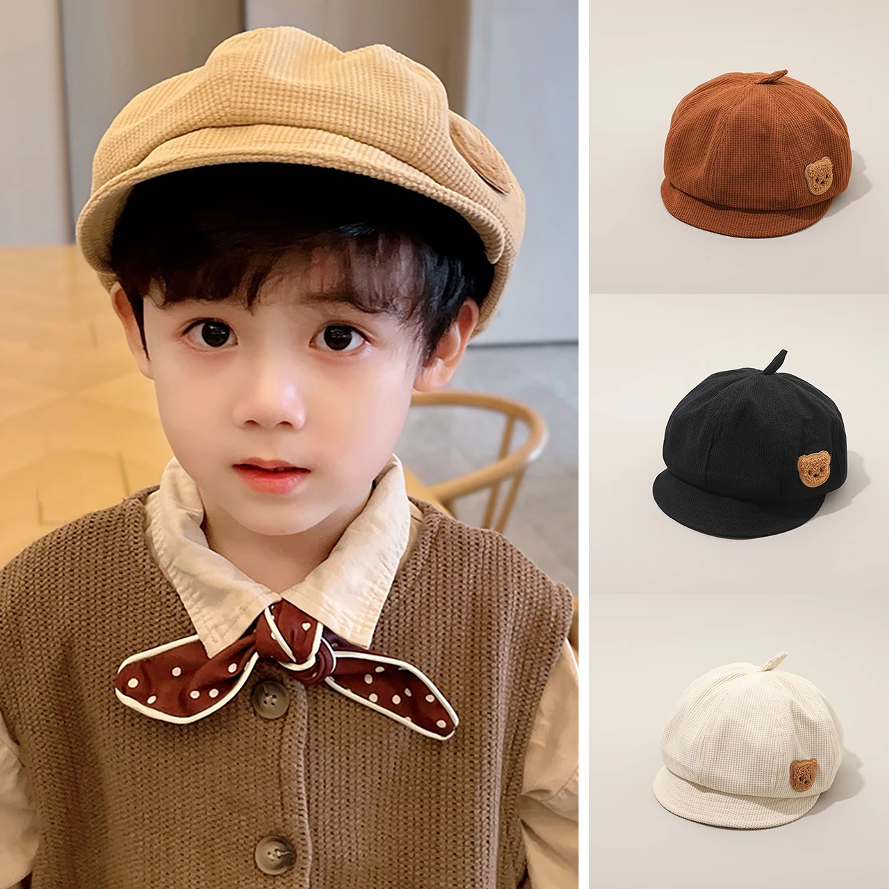 

Осенне-зимний детский берет с милым мультяшным медведем, восьмиугольные шапки для мальчиков и девочек от 3 до 8 лет, модная кепка художника в стиле ретро для мальчиков и девочек